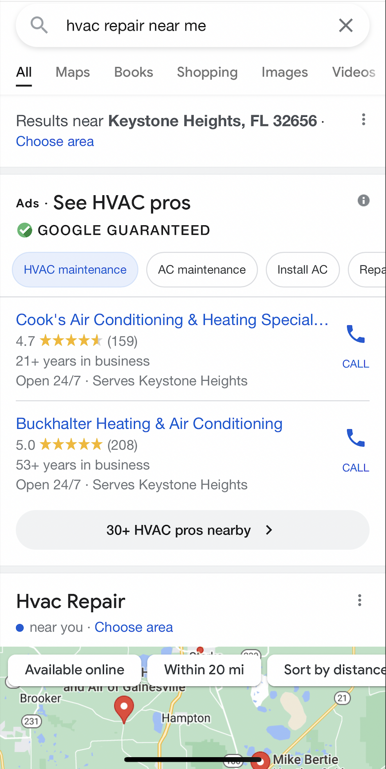 Google Search Screenshot when searching for HVAC Repair Near Me in Keystone Heights, FL